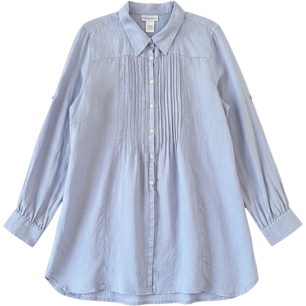 Soft Surroundings Womens Linen Button Down Tunic Shirt Blue Pintuck Pleated PL